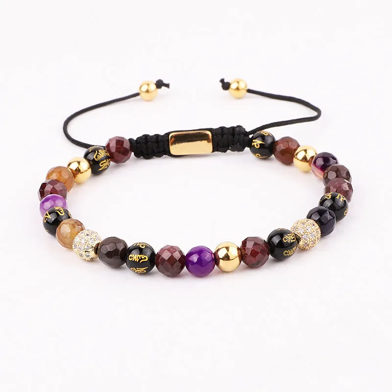 New Cute Design 6mm Natural Stone Tibetan Agate Beads CZ Charm Macrame Adjustable Luxury Bracelet Women