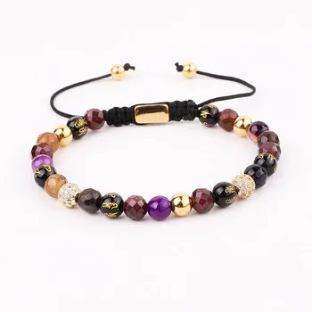 New Cute Design 6mm Natural Stone Tibetan Agate Beads CZ Charm Macrame Adjustable Luxury Bracelet Women