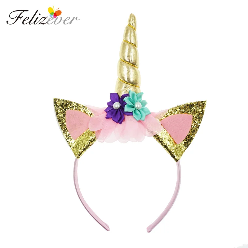 1 Gold Headband Единорог лента для девочки для вечеринки на день рождения Аксессуары для дня рождения корона Единорог повязка на голову вечерние принадлежности и украшения - Цвет: 1 Gold Headband