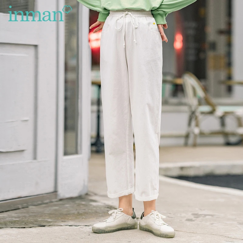 INMAN 2020 Autumn New Arrival Concise Style Drawstring Belt Cotton All-match Two Color Daisy Embroidered woman Pants INMAN 2020 Autumn New Arrival Concise Style Drawstring Belt Cotton All-match Two Color Daisy Embroidered woman Pants