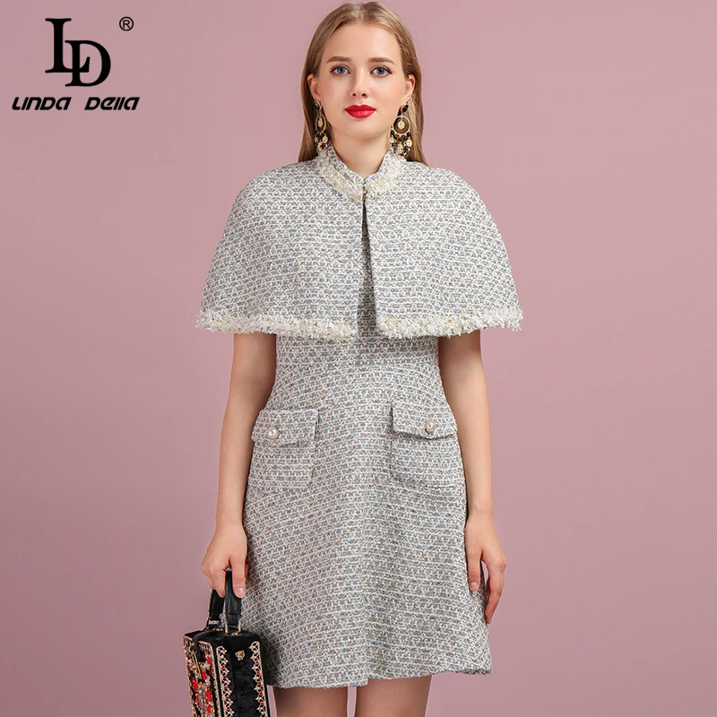 

LD LINDA DELLA Fashion Autumn Tweed Dress Women's Cloak Sleeves Pearls Button Pockets Elegant Vintage Lady Mini Short Dresses