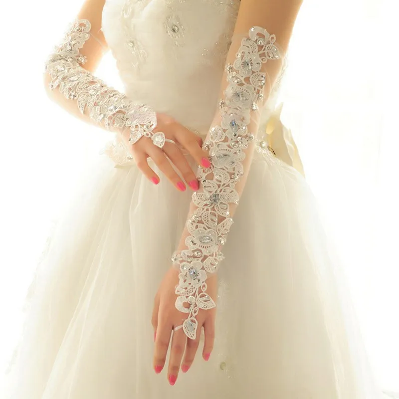Guantes de Novia длинные опера Свадебные перчатки для невесты без пальцев Кристалл цвет слоновая кость свадебное кружевное перчатки свадебные аксессуары 209