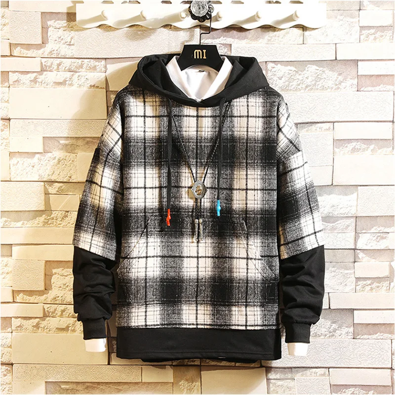 

CYXZFTROFL Men Brand Hoodie Streetwear Hip HopMan Sweatshirt Plaid Casual Harajuku Male Tops Long Sleeve Young Pullover Hoodies