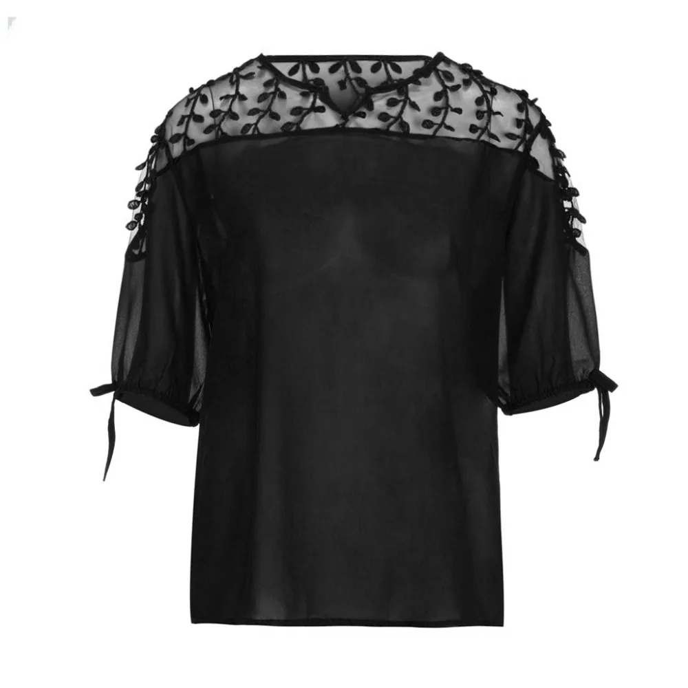 Женская блузка большого размера, шифоновая, с лентами, фонариком, с рукавом до локтя, сетчатый, перспективный Топ, Женские топы и блузки, kraagje nep dames#25