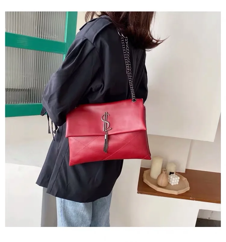 Bolso de hombro de cuero de para mujer, bolso de bandolera con cadena, Bolso grande de diseñador de marca famosa, bolso de