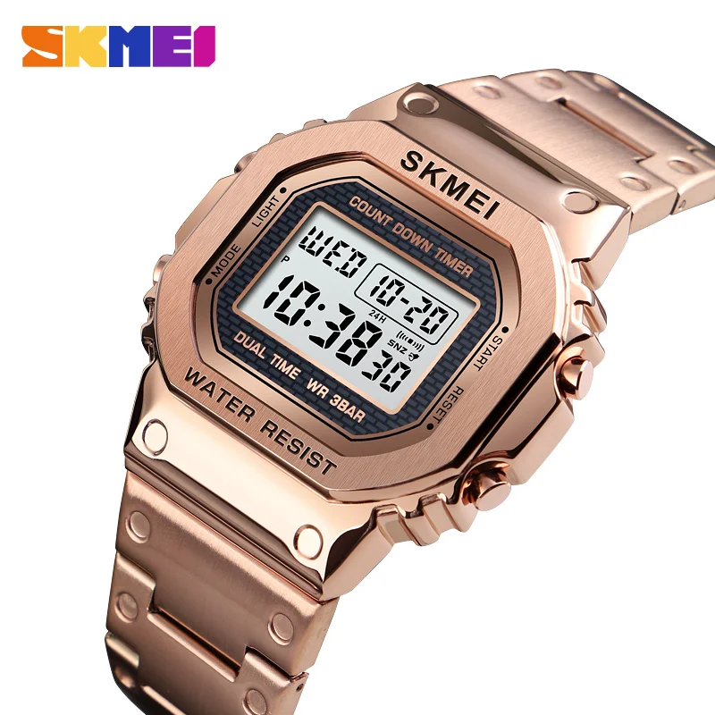 SKMEI Retro Small Gold Digital Watch Steel Belt Male Female Couple Waterproof Timing Alarm Clock Square Electronic Clock1456