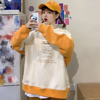 

No Hat Hoodies Women Patchwork Long Sleeve Warm Letters Students O-neck Harajuku Street Wear Korean Style Womens New-coming Chic