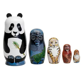 

5Pcs/Set Panda Tiger Animal Wooden Russian Nesting Dolls Handmade Matryoshka Toy Traditional Feature Ethnic Style DIY Dolls