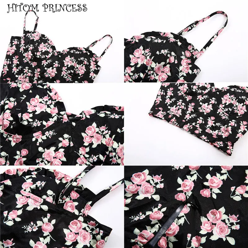 HITOM PRINCESS Bandage Women's Cropped Top Sleeveless Floral Tank Tops Bustier Corset Camis Backless Ruffles Strap Sexy Crop Top