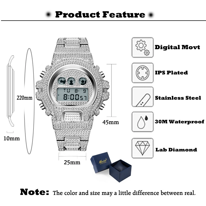 Новинка, мужские часы MISSFOX G style Shock, Топ бренд, Роскошные, Rolexable, цифровые часы для мужчин, с бриллиантами, мужские часы, хип-хоп, Iced Out, часы