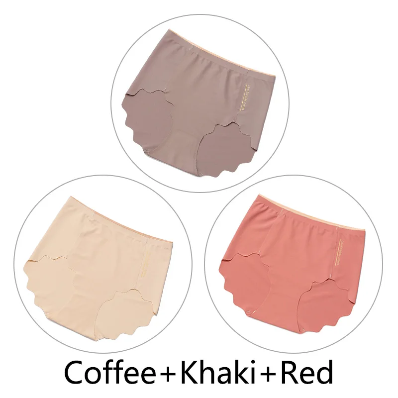 Coffee Khaki Red 3 шт., цельные бесшовные трусы, женские сексуальные ультратонкие трусики, женские трусы с высокой талией, большие размеры, L-XXL нижнее белье, мягкое удобное нижнее белье - Color: Coffee Khaki Red