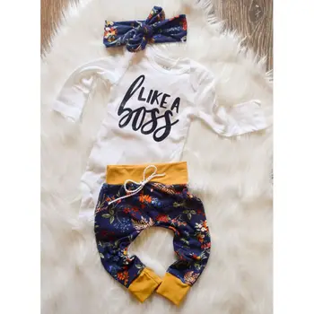 

3PCS Newborn Baby Girl Boy Winter Clothes Outfits Warm Romper+Floral Pants Set