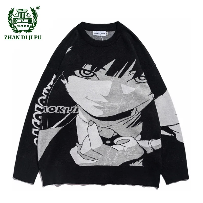

Men's Oversized Knitted Sweater Japanese Anime Graphics Cartoon Printed Tops Harajuku Streetwear Casual Long Sleeves Pullover