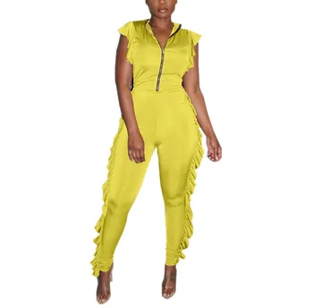 

2019 Women Summer Zipper Bodycon Playsuit Solid Clubwear Party Jumpsuit Skinny Sexy Ruffle Overalls