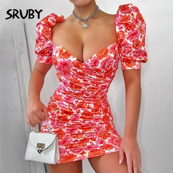 

DGIRL Floral Print Ruched Puff Sleeve Summer Dress Square Collar Bodycon Sexy Mini Dress Zipper Backless Boho Elegant Dress 2020