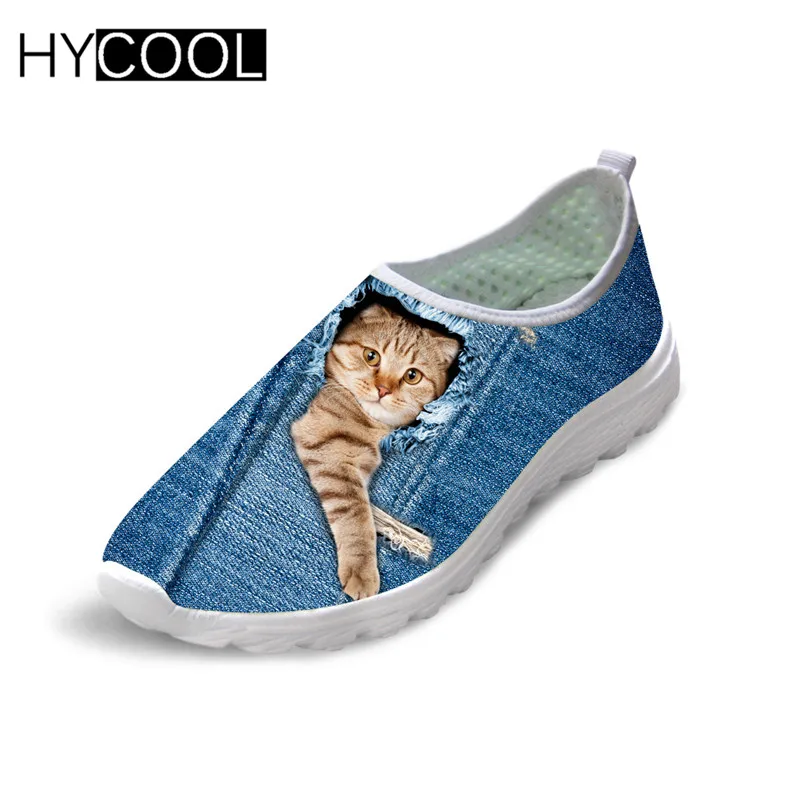 HYCOOL г. Джинсовая мужская обувь с котом, Повседневная осенне-летняя обувь из сетчатого материала Милая Синяя пляжная водонепроницаемая обувь на плоской подошве без застежки с 3D принтом собаки и волка - Цвет: C3303AA