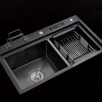 

Black nano antibacterial kitchen sink double trough multi-functional dish washing basin domestic thickened 304 stainless steel