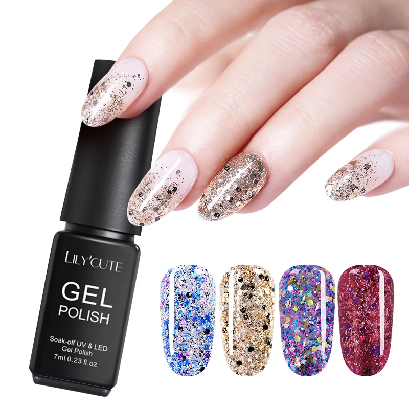 

LILYCUTE Colorful Glitter Sequins UV Gel Nail Polish Holographic Semi Permanent Soak Off Gel Varnish Nail Art DIY Design