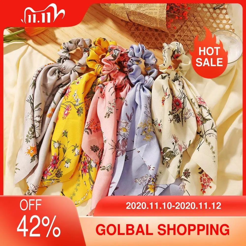

Chiffon Bowknot Floral Printed Ribbon Bow Streamers Hair Ties Scrunchies Women Elastic Hair Band Ponytail Hair Scarf Accessories