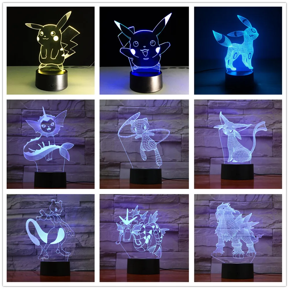 Покемон Пикачу 3d иллюзия ночной Светильник меняющая цвет лампа Pokemon Go экшн-фигурка визуальная Иллюзия Led праздничные подарки