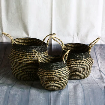 

Woven Storage Basket with Black Grid Handmade Seagrass Wicker Gift Basket Garden Flower Pot Laundry Container Toy Storage Holder