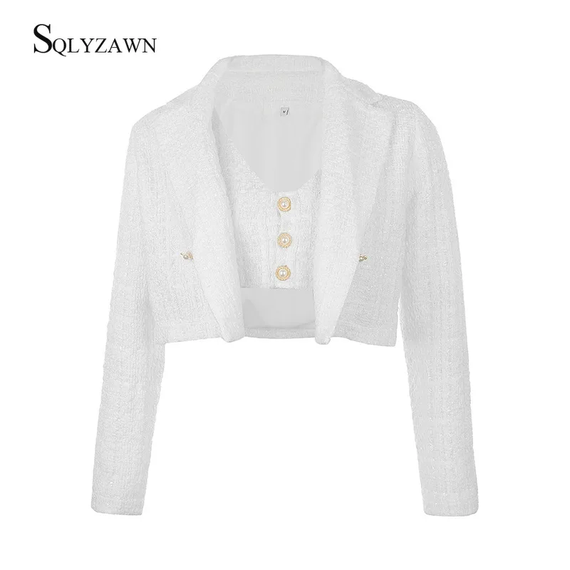Greatest  Pearl Button Tweed White Plaid Cropped Jacket Women Vintage Mujer Office Wear Elegant Wool Coat Win