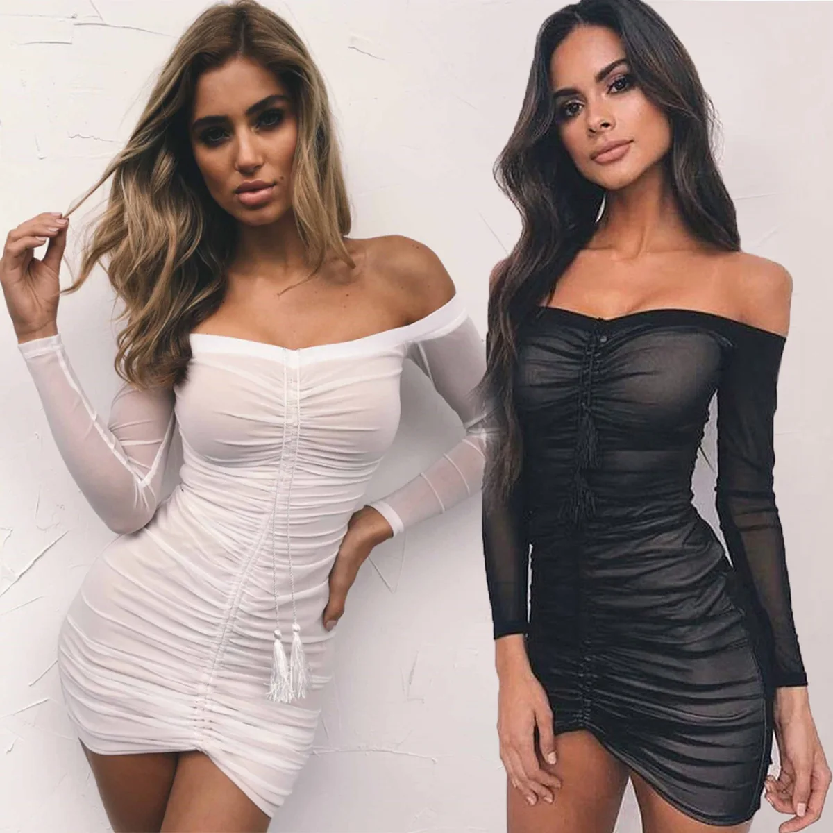 

Woman Bodycon Dress Sexy Mesh Tassel Long-Sleeved Strapless Bra Pleated Dress Bag Hip Slim Fit Vestido De Mujer