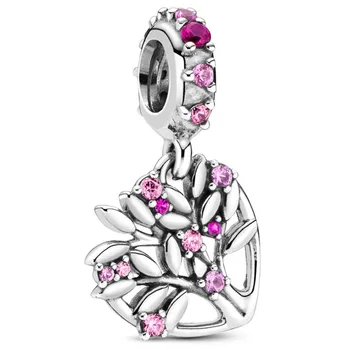 

New 925 Sterling Silver Bead Charm Pink Heart Family Tree With Crystal Pendant Beads Fit Bracelet Bangles Diy Jewelry