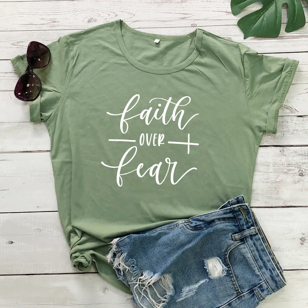 olive-white text Faith Over Fear футболка женская модная вдохновленная Религиозная Христианская Церковь топы футболки Повседневная летняя графическая футболка tumblr наряд - Цвет: olive-white text