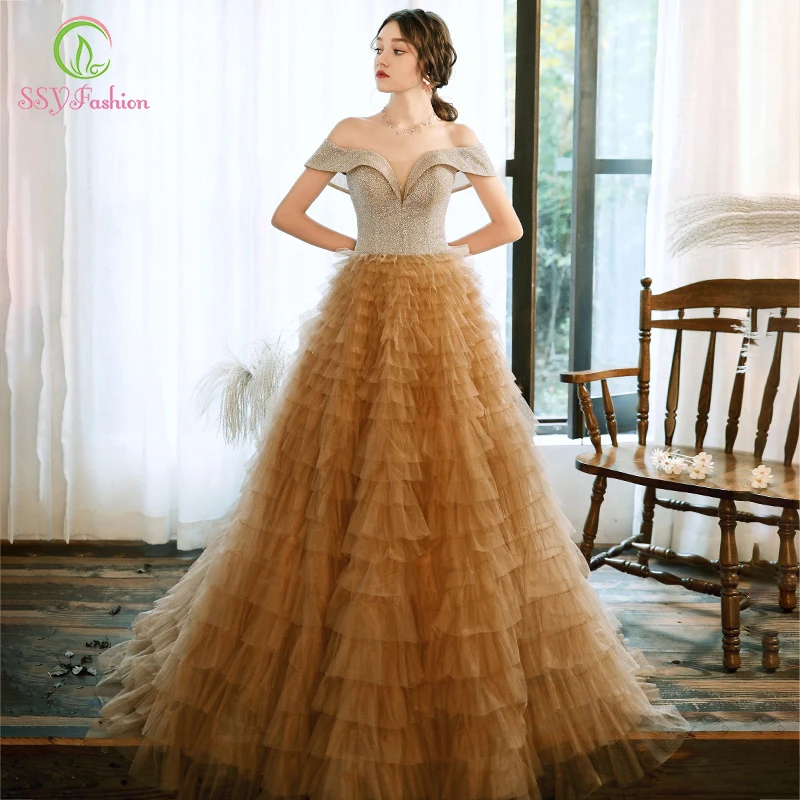 SSYFashion/Новинка; роскошное вечернее платье цвета шампанского; романтическое длинное многослойное платье принцессы с блестками; торжественное платье; Vestidos De Noche