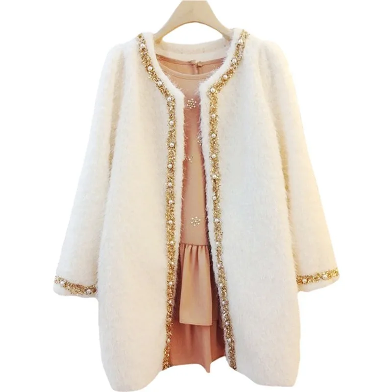 Spring Fashion New Korea Womens Pearl Round Collar Jackets Female Brand Wool Blend Slim Fit Long Coat Beads Jacket Trench