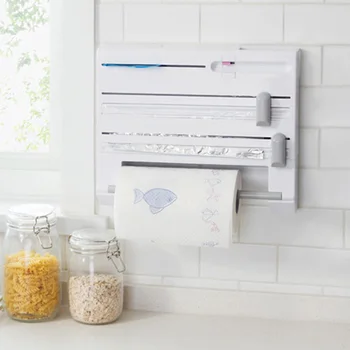 

6 in 1 Kitchen Refrigerator Cling Film Storage Rack Shelf Aluminum Film Wrap Cutter Wall Hanging GQ