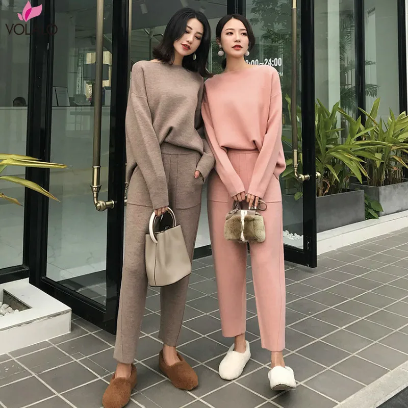 

VOLALO 2024 Winter Casual Sweater Tracksuits O-neck Long Sleeve Jumpers & Elastic Waist Pants Female Knitted 2 Pieces Set