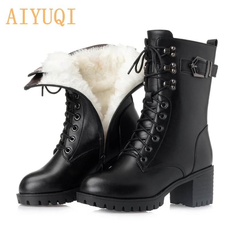 

AIYUQI 2020 genuine leather women military boots size 41 42 43 lace fashion women Martn boots high-heeled thick wool boots