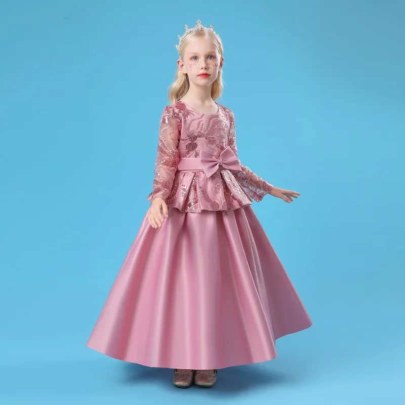 Girls Dress Satin Bowknot Printed For Flower Girl Party