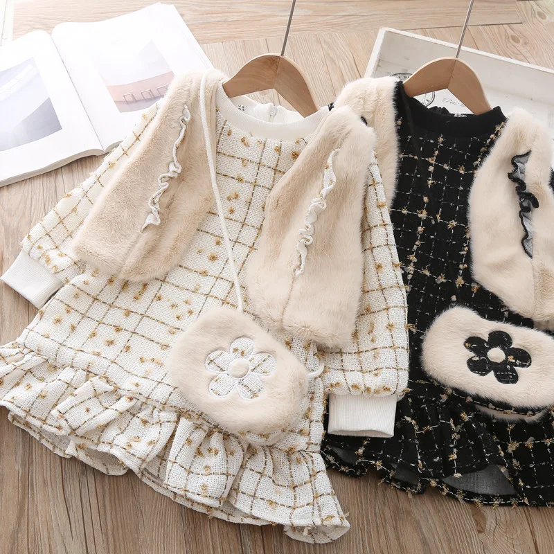 Осенне-зимнее бархатное платье и жилет для маленьких девочек