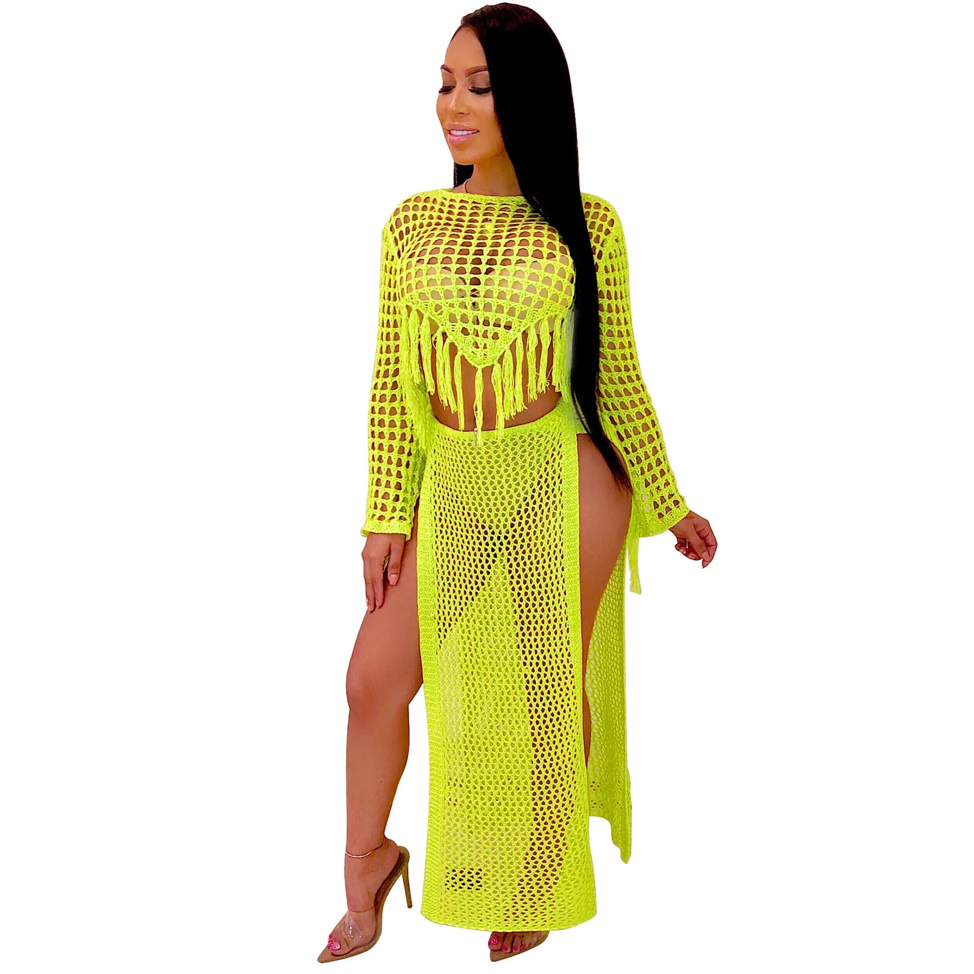 

Long Sleeve Tassel Knitted Crochet Maxi Skirt Set 2 Piece Set Hollow Out Women Slit Fishnet Cover-Up Bikini Set Matching Sets