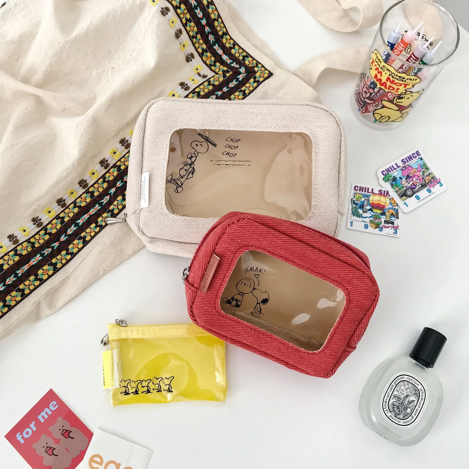 

TOYOU Cartoon Comic Dog Three Suit Storage Bag Transparent Large Capacity Cosmetic Pencil Case Kawaii Wallet school Stationery