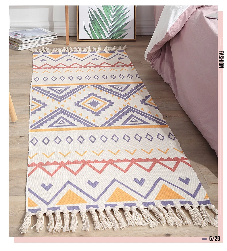 Cotton Hand Knitted Bedside Carpet Vintage Rug Bedroom Living Room Carpets Geometric Indian Mat Bohemian Modern Door Mat