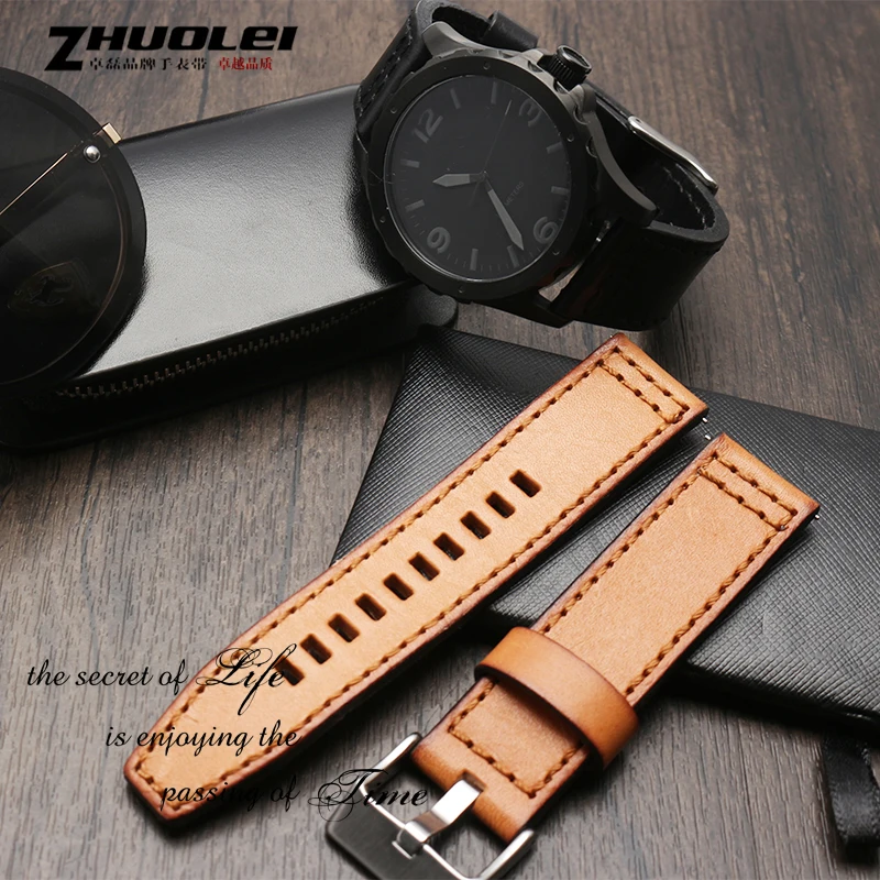 High-Quality Retro Quick Release Genuine Leather Watchband Strap - Black/Dark Brown, 22mm/24mm
