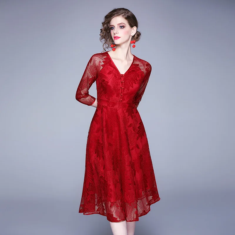 S-xxl весенне-осеннее женское платье с рисунком листьев темная бутылка зеленое красное кружевное платье с v-образным вырезом длиной до икры винтажное элегантное платье бальное платье - Цвет: Красный