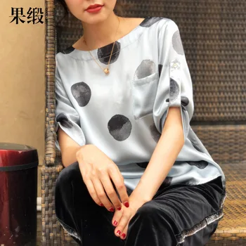 

silk tops women's t-shirt black dot floral middle sleeve mulberry plus size 2020 spring summer high-quality mom fashion loose