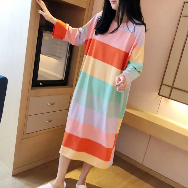 2019 Autumn Winter Ladies Rainbow Striped Loose Long Nightdress Home O Collar Long-sleeved Nightdress