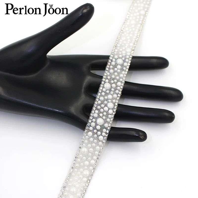 1yards Neue weiße AB farbe perle dekoration strass trim hot fix band braut hochzeit schuhe dekoration zubehör TR113 – Detail 8