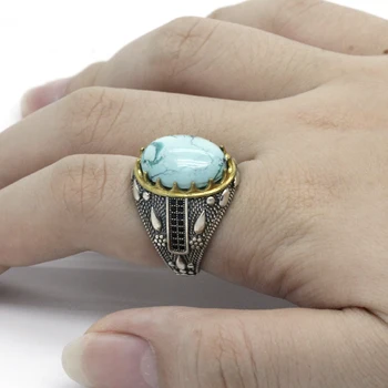 

Turquoise Men Ring 925 Sterling Silver Big Natural Blue Stone with Black CZ Vintage Life Track Rings for Men Women Fine Jewelry