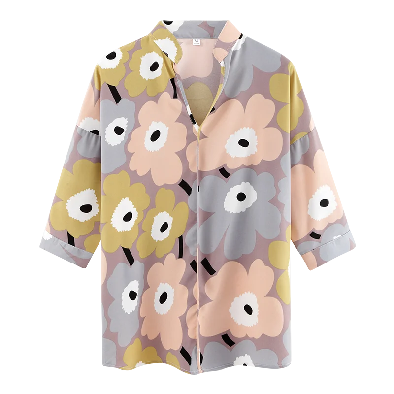 Casual Loose Women Shirts 2020 Summer Plus Size Print Floral Blouse Short Sleeve Buttons White Blue Gray Streetwear Women Tops