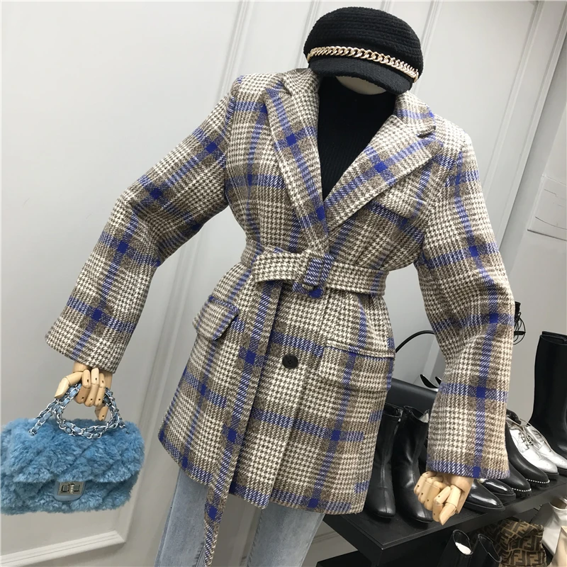 [EWQ] весеннее Новое теплое шерстяное пальто с контрастным поясом в клетку, корейский Свободный Женский блейзер с длинным рукавом, 3 цвета, QZ07501