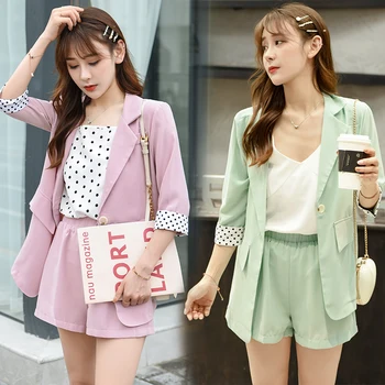 

2020 Summer Blazer Two Piece Sets Women Polka Dot Plaid Korean Tops + Shorts Matching Fashion Black Pink Notched Blazer Outfits