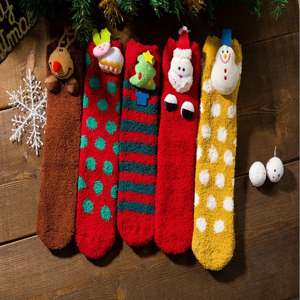 Рождественские носки; теплые мягкие носки-тапочки для женщин и девочек; пушистые бархатные милые носки принцессы кораллового цвета с рисунком; подарок на день рождения; Calcetines