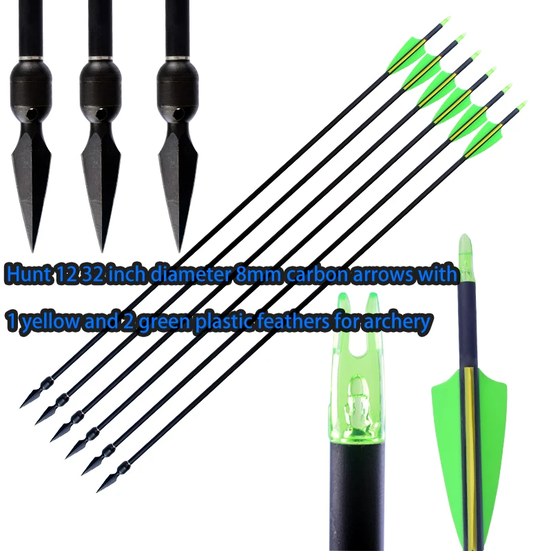 

Hunt 12 32 inch diameter 8mm carbon arrows with 1 yellow white and 2 green plastic feathers for archery